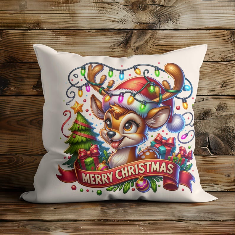 May include: A white pillow with a colorful illustration of a cartoon deer wearing a Santa hat and surrounded by Christmas lights, a Christmas tree, and presents. The text "Merry Christmas" is written in red on a red ribbon.