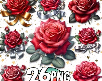 26 Red Rose Clipart png Bundle, Red Rose Clipart, Red Rose Clipart Watercolor, Red Roses png Bundle, Wedding rose bouquets png,roses sublime