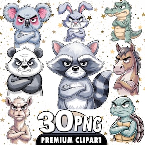 May include: A collection of cartoon illustrations featuring various animals with angry expressions. The animals include a koala, rabbit, alligator, panda, raccoon, horse, llama, and turtle. The image also includes the text "30 PNG PREMIUM CLIPART".