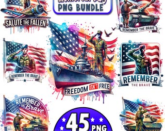 May include: A collection of Memorial Day-themed digital clipart. The images feature soldiers saluting, American flags, military vehicles, and patriotic phrases like "Salute the Fallen" and "Remember the Brave." The set includes 45 PNG files, with the text "Premium Clipart".