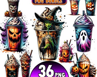 Halloween Coffee Clipart Bundle, Coffee Cup Watercolor, Coffee Graphics, Coffee Lovers PNG, Spooky Halloween Coffee PNG, Spooky Drink PNG