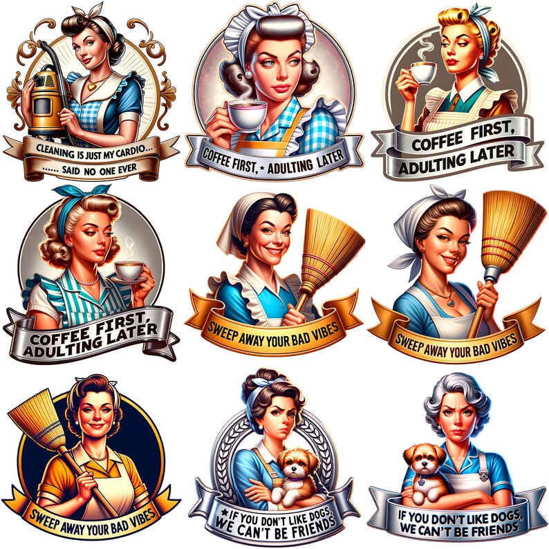 Retro Women Bundle of 21 PNG, Sarcastic Retro Housewife, 1950s housewife png, PNG Bundle, Sarcastic Retro women, Digital Download image 2