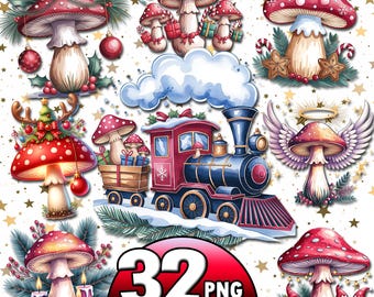30+ Christmas Bundle Png, Watercolor Christmas Mushrooms Clipart, Woodland Holiday Png, Festive Mushroom Clipart Bundle, Digital Download