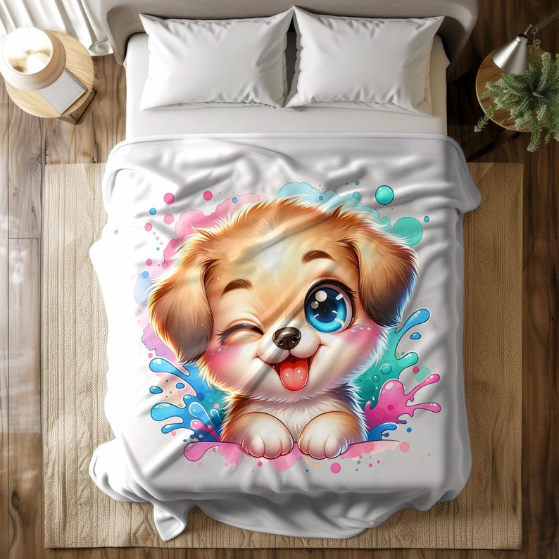 Pu&ograve; includere: Set di biancheria da letto bianco con un cucciolo di cartone animato. Il cucciolo ha pelo marrone, occhi blu e una lingua rosa, che fa l'occhiolino. Schizzi di acquerello rosa e blu circondano il cucciolo.