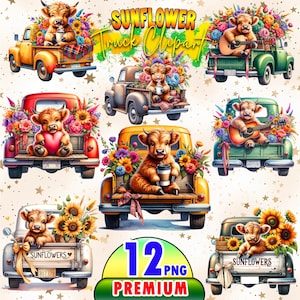 Sunflower Highland Cow PNG, Watercolor Sunflowers Clipart, Highland Cow and Flowers PNG, Sunflower Truck Clipart, Highland Cow Sublimation
