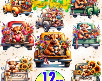 Sunflower Highland Cow PNG, Watercolor Sunflowers Clipart, Highland Cow and Flowers PNG, Sunflower Truck Clipart, Highland Cow Sublimation