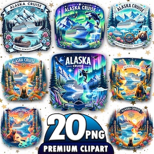 Könnte beinhalten: Eine Sammlung von neun farbenfrohen Alaska Cruise Clipart-Designs. Jedes Design zeigt ein Kreuzfahrtschiff, Berge, Wildtiere und den Text "Alaska Cruise". Die Designs beinhalten Bären, Orcas und Nordlichter.