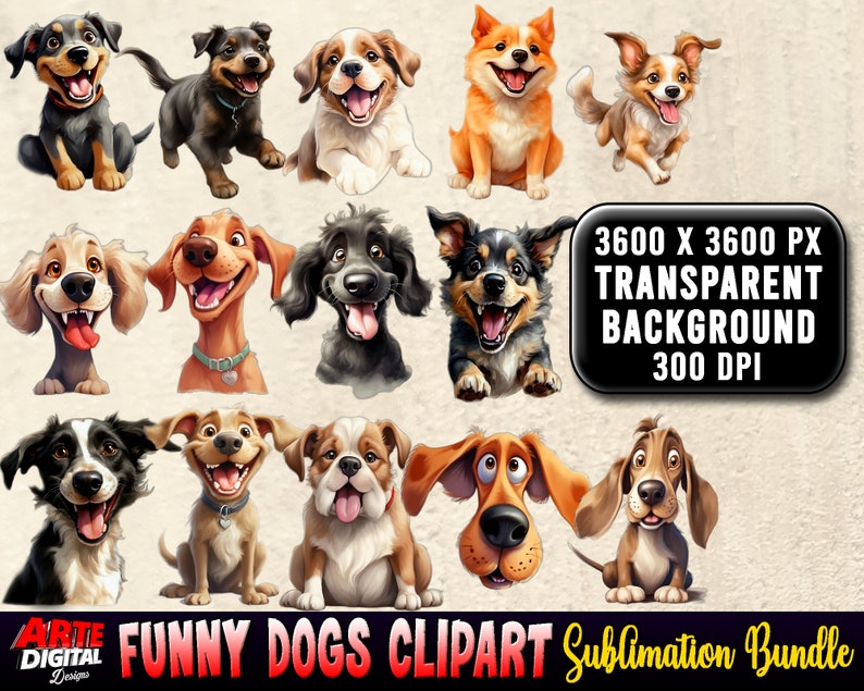 Funny Dog Clipart Bundle - Cute and Quirky Dogs, Watercolor Graphics ...