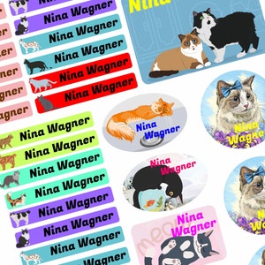 Namensaufkleber - Kinder - 75 Stück - Katze mit Wunschtext Name personalisiert Namensetiketten - für Jugendliche Firma Schule KITA N7-6