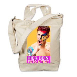 Kiwistar - Einkaufstasche Canvas Tote Bag - individuell personalisiert mit Foto - Text - Extra Fach für Smartphone & Geldbeutel - 0050