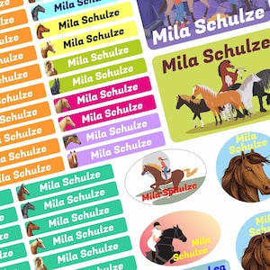 Namensaufkleber - Kinder - 75 Stück - Pferde - mit Wunschtext Name personalisiert Namensetiketten - für Jugendliche Firma Schule KITA N7-9