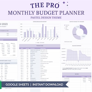 THE PRO Monthly Budget Planner for Google Sheets, Financial Planner, Expense Tracker, Savings and Goals Tracker, Pastel Theme