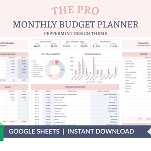 Szablon arkusza kalkulacyjnego do miesięcznego budżetu THE PRO dla Arkuszy Google, Planera finansowego, Śledzenia wydatków, Śledzenia oszczędności i celów