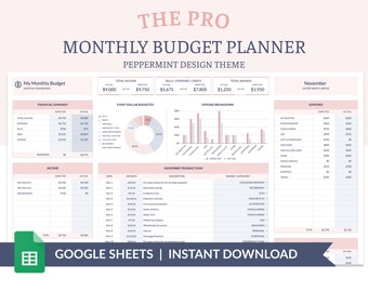 May include: A printable monthly budget planner in a peppermint design theme. The planner includes sections for income, expenses, financial summary, every dollar budgeted, expense breakdown, and November transactions. The planner is designed for use with Google Sheets.