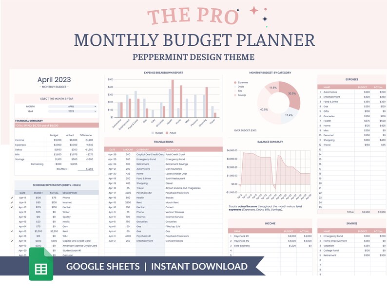 THE PRO Monthly Budget Planner for Google Sheets, Financial Planner, Expense Tracker, Savings ...