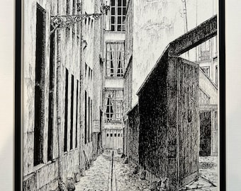 Pen and ink Architectural  print. Original art drawing. 1800s 3rd arr, Paris . Wall art.