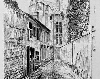 May include: Black and white ink drawing of a narrow cobblestone street in a European city. The street is lined with tall buildings and a tree is visible in the background.