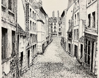 Pen and Ink Architectural Drawings ,Rue Du Bon-Puits , 1800s Paris. Wall Art.