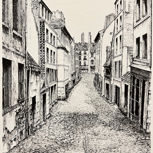 Pen and Ink Architectural Drawings ,Rue Du Bon-Puits , 1800s Paris. Wall Art.