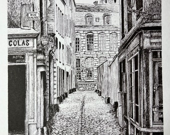 Paris, 1800s. Original Hand Drawn Print. Pen and Ink architectural drawing. Wall art. Special Occasion gift. Mantle Décor 