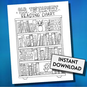 May include: Black and white line drawing of a bookshelf with the text "Old Testament Reading Chart" and "Instant Download". The bookshelf is filled with books labeled with biblical references. A small plant in a pot is also visible.