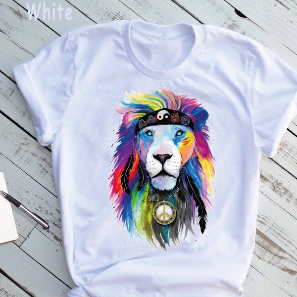Boho Shirt. Boho Style Lion Shirt. Hippie Shirt. Peace Shirt. Watercolour Shirt. Boho Style Tshirt. Peace Sign Shirt. Hippie Summer Shirt