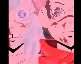 Op de afbeelding: Digitale illustratie met twee anime-achtige personages. Eén personage heeft lichtblauw haar en een uniek oogontwerp, de ander roze haar en een rode jas. Het kunstwerk heeft een roze en rood kleurenschema.