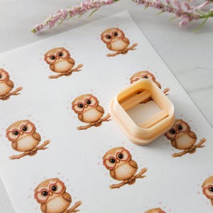May include: A light beige square cookie cutter next to a sheet of paper with repeating watercolor owl illustrations. The owls are brown with heart-shaped glasses and perched on branches. Small pink hearts are scattered around the owls.