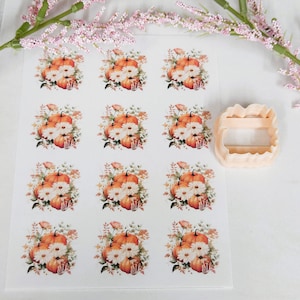 May include: A sheet of stickers featuring watercolor illustrations of pumpkins and white flowers. A light orange, square-shaped cookie cutter is next to the stickers. Pink flowers and greenery are in the background.