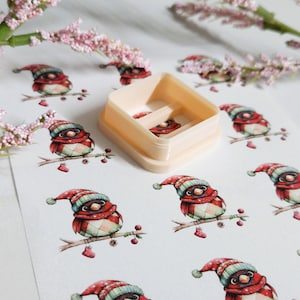 May include: A light peach-colored square cookie cutter with a bird-shaped cutout, surrounded by watercolor illustrations of birds wearing red and green winter hats and scarves, perched on branches. Pink flowers are scattered around the images.