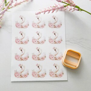 May include: A sheet of swan stickers with pink floral accents. The stickers feature a white swan with a pink flower crown and a bouquet of pink flowers. A square, light orange cookie cutter is in the image.
