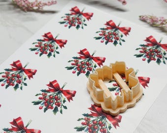 Christmas Holly Leaf polymer clay transfer sheets with optional matching polymer cutter, winter crafts, Water transfer paper polymer clay
