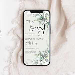 Greenery Baby Shower Invitation Template, Electronic Baby Shower Invitation, Baby Shower Evite Template, It&#39;s a Boy Baby Shower Invite