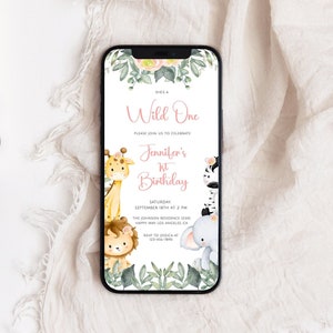 EDITABLE Safari Birthday Invitation, Wild One 1st Birthday Invite, Safari Animals Party Invite Template, Jungle Animals Invitation
