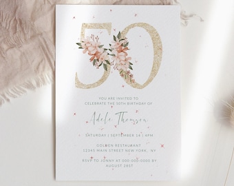 Digital 50th Birthday Invitation, Editable Birthday Invite for 50 year old Birthday Party, Editable Text Message, Editable Invitation