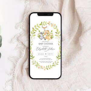 Woodland Baby Shower druckbare Einladung, Wald grün, Waldtiere Baby Shower Einladung