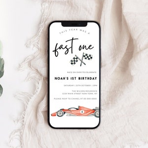 FAST ONE First Birthday Invitation, Race Car Invitation, Race Car 1st Birthday Invitation, Editable Digital Template,  Corjl
