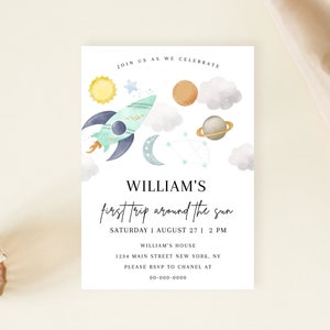 Editable Outer Space First Birthday Invitation, Galaxy Blast Off Printable Template, First Trip Around the Sun, Digital Download, Corjl