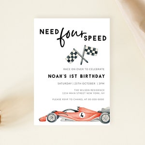 NEED FOUR SPEED Birthday Invitation, Race Car Invitation, 4th Birthday Invite, Need 4 Speed Birthday, Red Race Car Birthday, Corjl