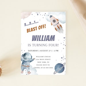 Editable Outer Space First Birthday Invitation, Galaxy Blast Off Printable Template, First Trip Around the Sun, Digital Download, Corjl