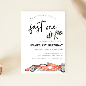 FAST ONE First Birthday Invitation, Race Car Invitation, Race Car 1st Birthday Invitation, Editable Digital Template,  Corjl