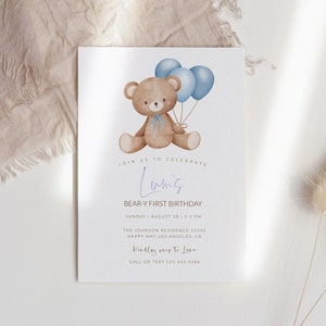 Faire-part d'anniversaire ours, 1er anniversaire de Beary, invitation d'ours en peluche, invitation de fête d'anniversaire d'ours, téléchargement immédiat imprimable