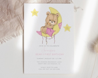 Bear Birthday Invitation, Beary 1st Birthday Invite, Teddy Bear Invitation, Bear Birthday Party Invite, Printable Instant Download