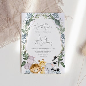 EDITABLE Safari Birthday Invitation, Wild One 1st Birthday Invite, Safari Animals Party Invite Template, Jungle Animals Invitation