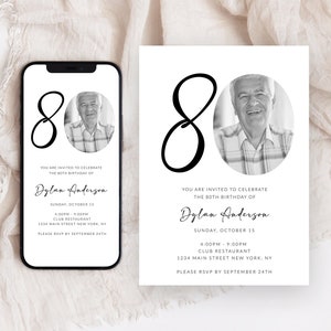 80th Birthday Invitation with Photo, Surprise 80th Birthday Invitation, Birthday Party invitation, 80th Birthday Invite Digital, Corjl