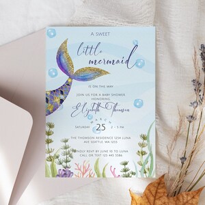 Baby Shower de sirena, invitación de sirena, ducha bajo el mar, rociado de niña, baby shower en el océano, cola de sirena