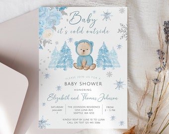 Winter Baby Shower Invitation, Baby it's Cold Outside Invite, Winter Boy Teddy Bear Baby Shower Invitation, Winter wonderland baby shower