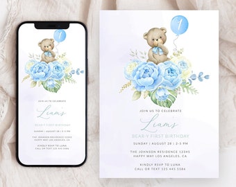 Bear Birthday Invitation, Beary 1st Birthday Invite, Teddy Bear Invitation, Bear Birthday Party Invite, Printable Instant Download