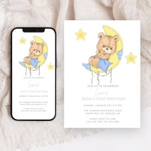 Bear Birthday Invitation, Beary 1st Birthday Invite, Teddy Bear Invitation, Bear Birthday Party Invite, Printable Instant Download