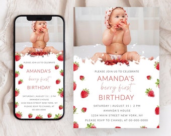 Editable Strawberry Birthday Invitation, Girl 1st Birthday Invitation Template, Berry First Birthday Invitation, Printable Template, Corjl